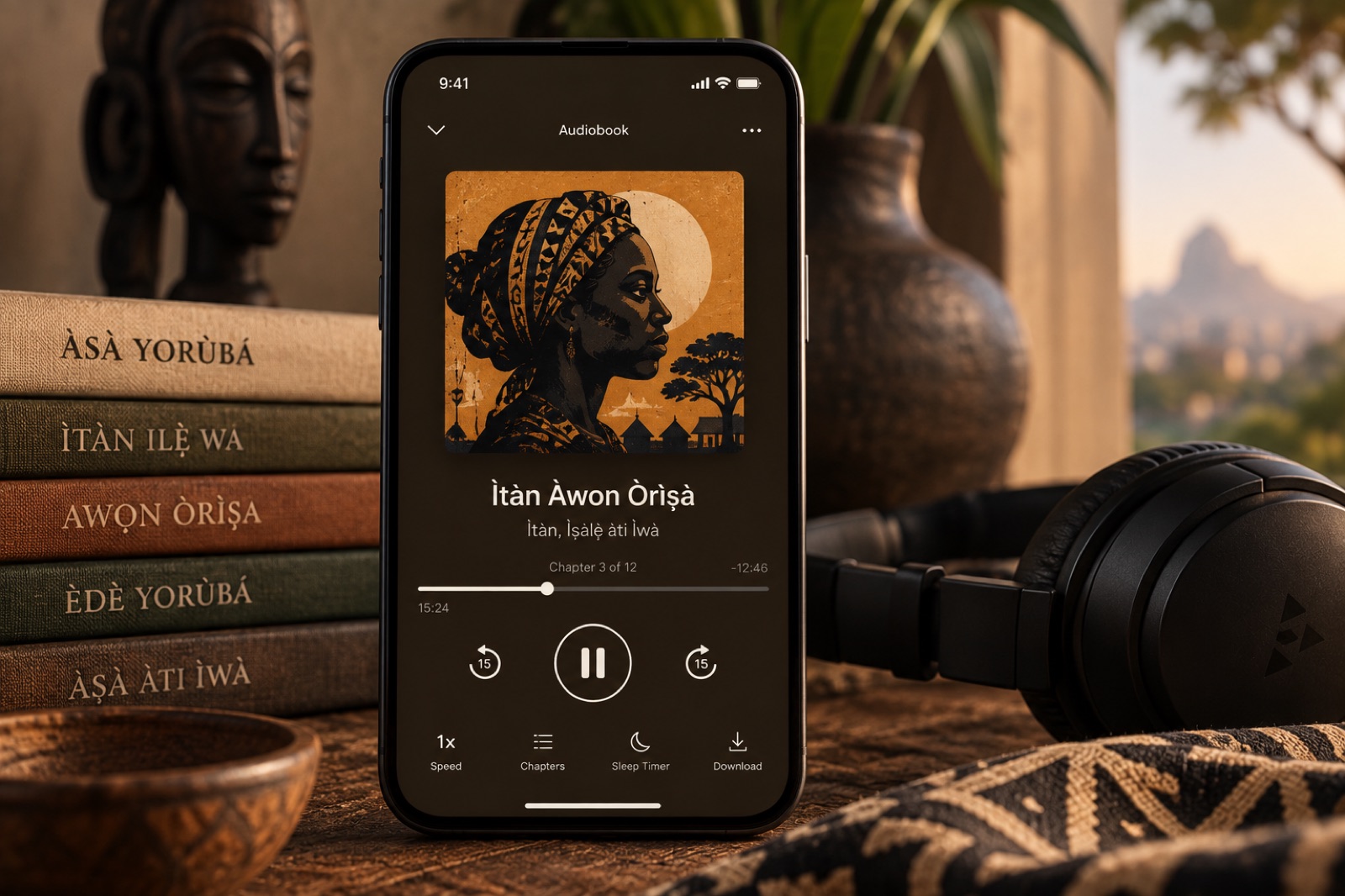 A Yoruba audiobook playing on a phone beside books and headphones